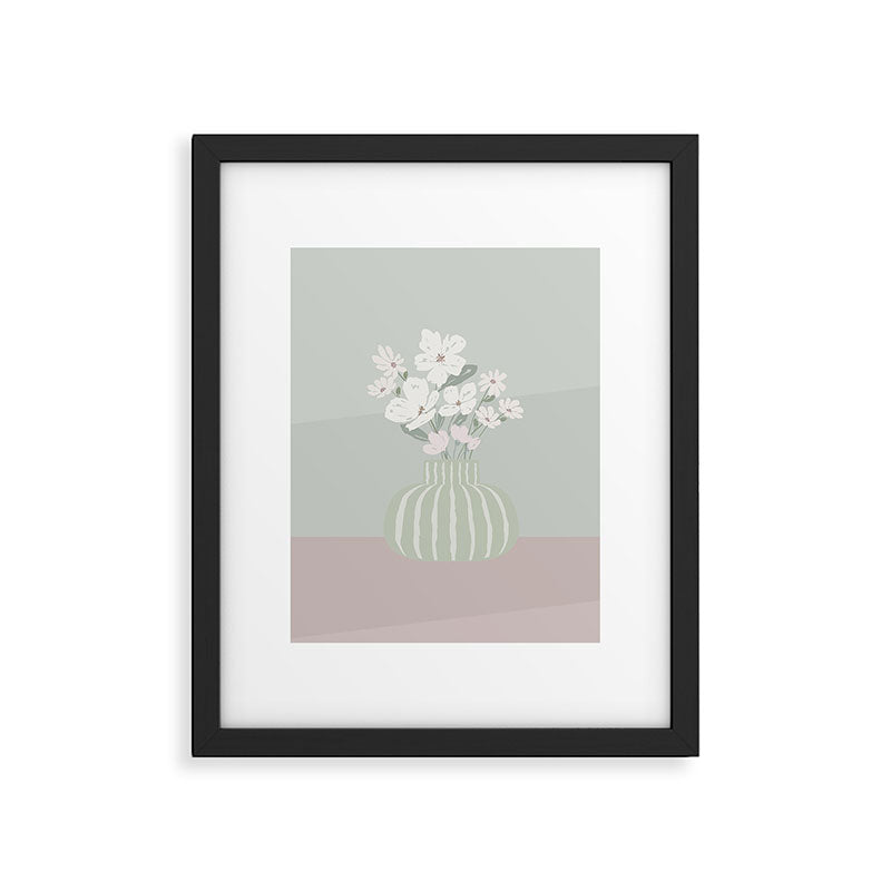 Wildflower bouquet in vase illustration - muted green, dusty pink and beige flowers Framed Art Print Gallery Image 6