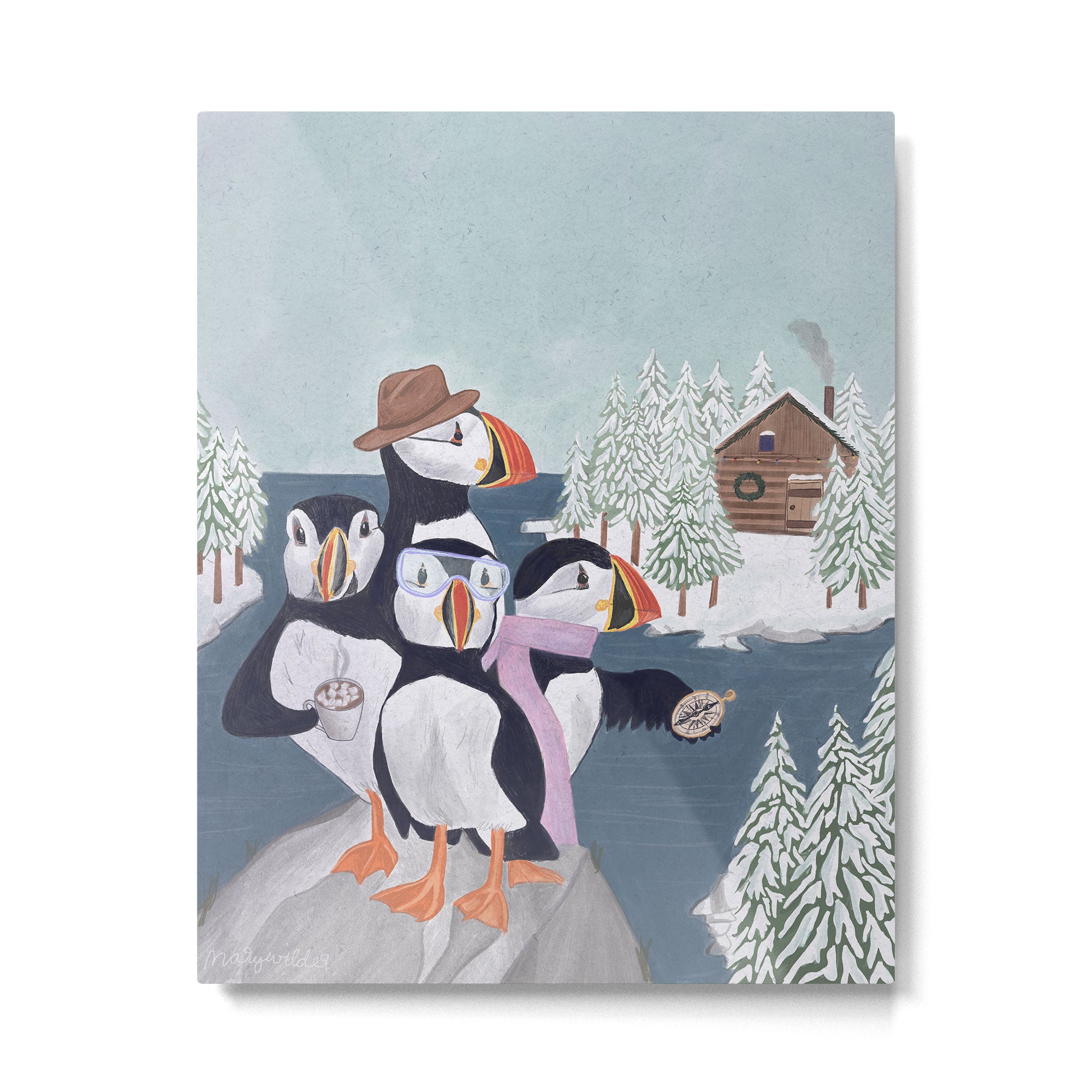 Arctic Puffin Family, Winter Illustration Metal Print Gallery Image 4