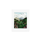Field of flowers and mountains dreamy watercolor, landscape painting Art Print Gallery Image 1