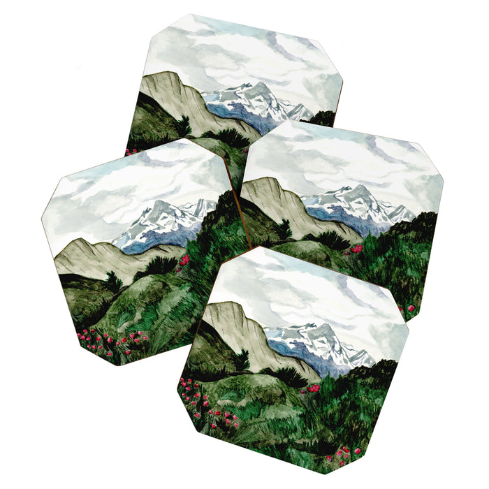 Field of flowers and mountains dreamy watercolor, landscape painting Coaster Gallery Image 1