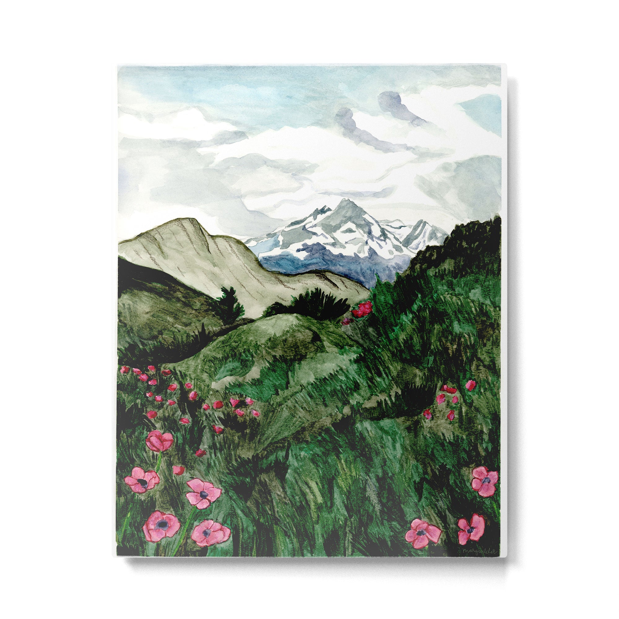 Field of flowers and mountains dreamy watercolor, landscape painting Metal Print Gallery Image 6