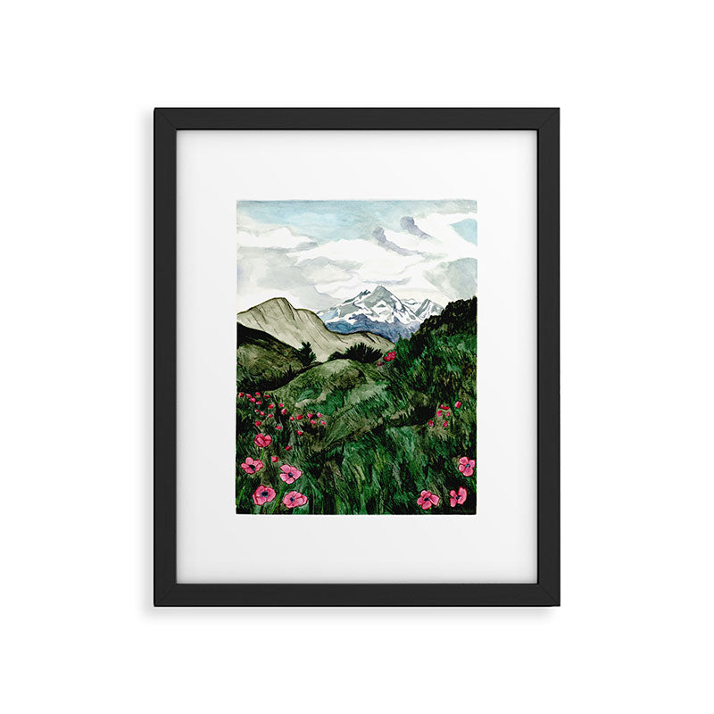 Field of flowers and mountains dreamy watercolor, landscape painting Framed Art Print Gallery Image 6