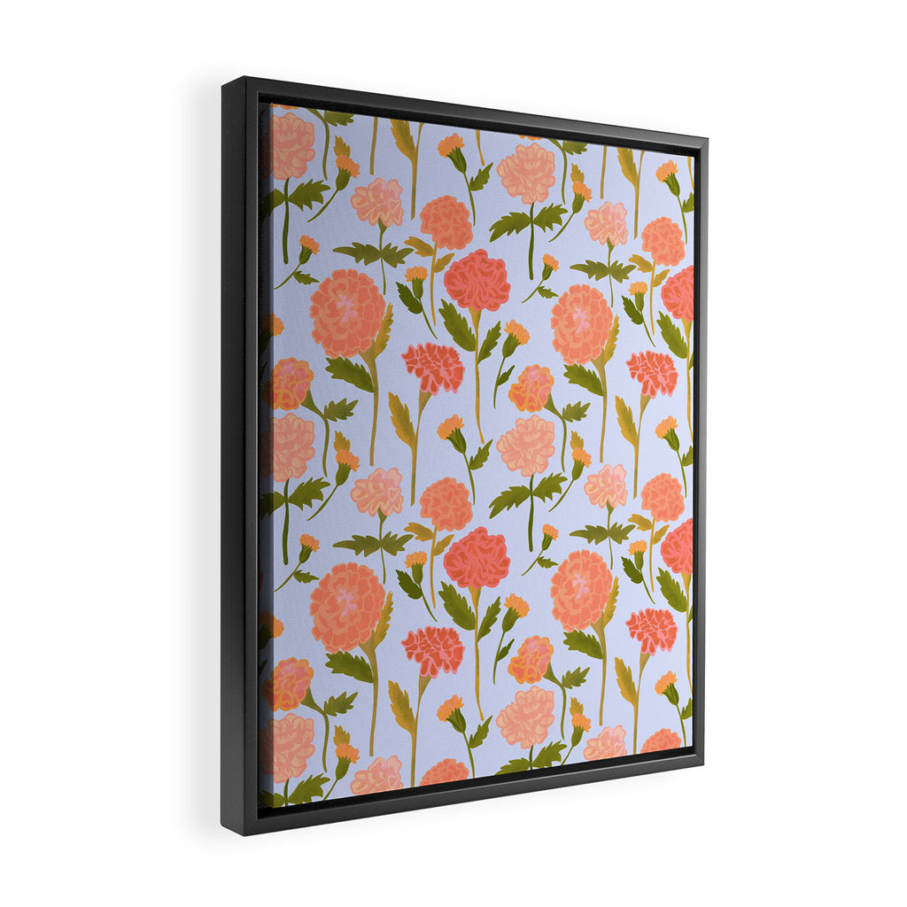 Marigolds / Periwinkle flower pattern Framed Canvas Print Gallery Image 2