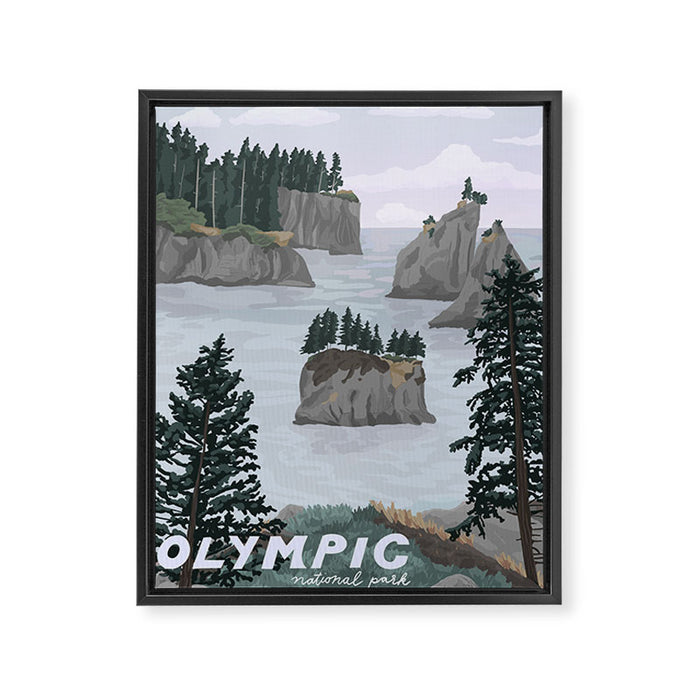 Olympic National Park Poster, Washington, illustrated National Parks USA Framed Canvas Print Gallery Image 1