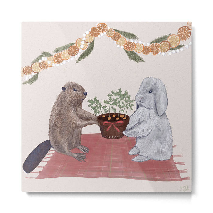 The Season of Giving, Beaver and Rabbit Metal Print Gallery Image 1