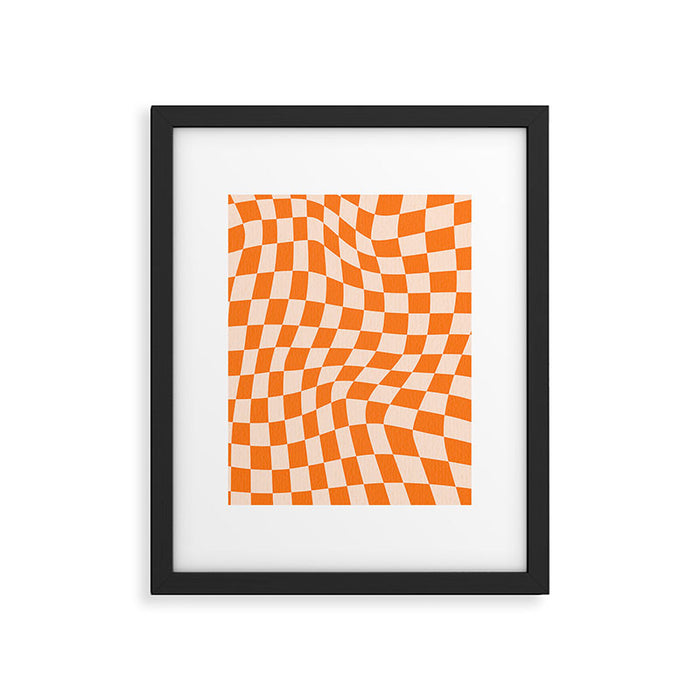 Orange checkered warped pattern, retro 80s groovy Framed Art Print Gallery Image 1