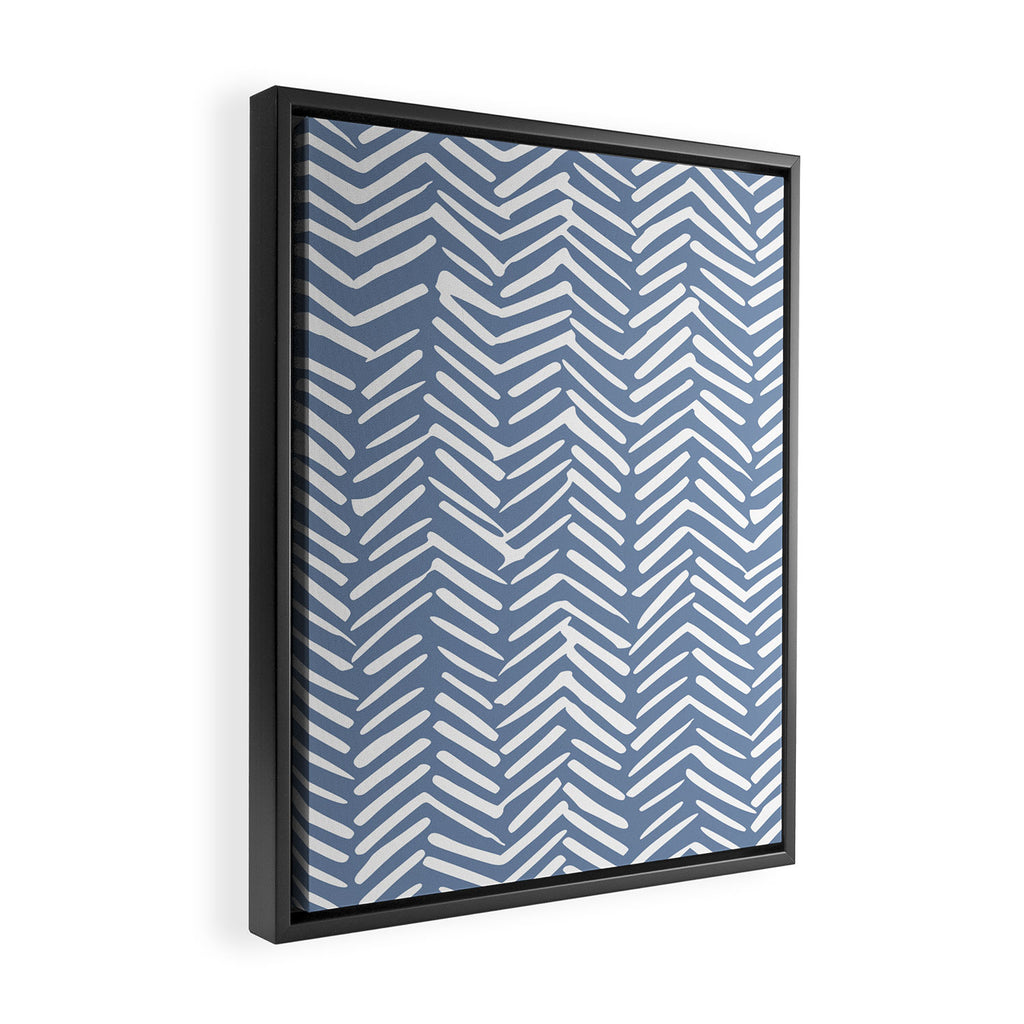 Abstract Herringbone Pattern, Rustic, Blue and White Framed Canvas Print Gallery Image 2