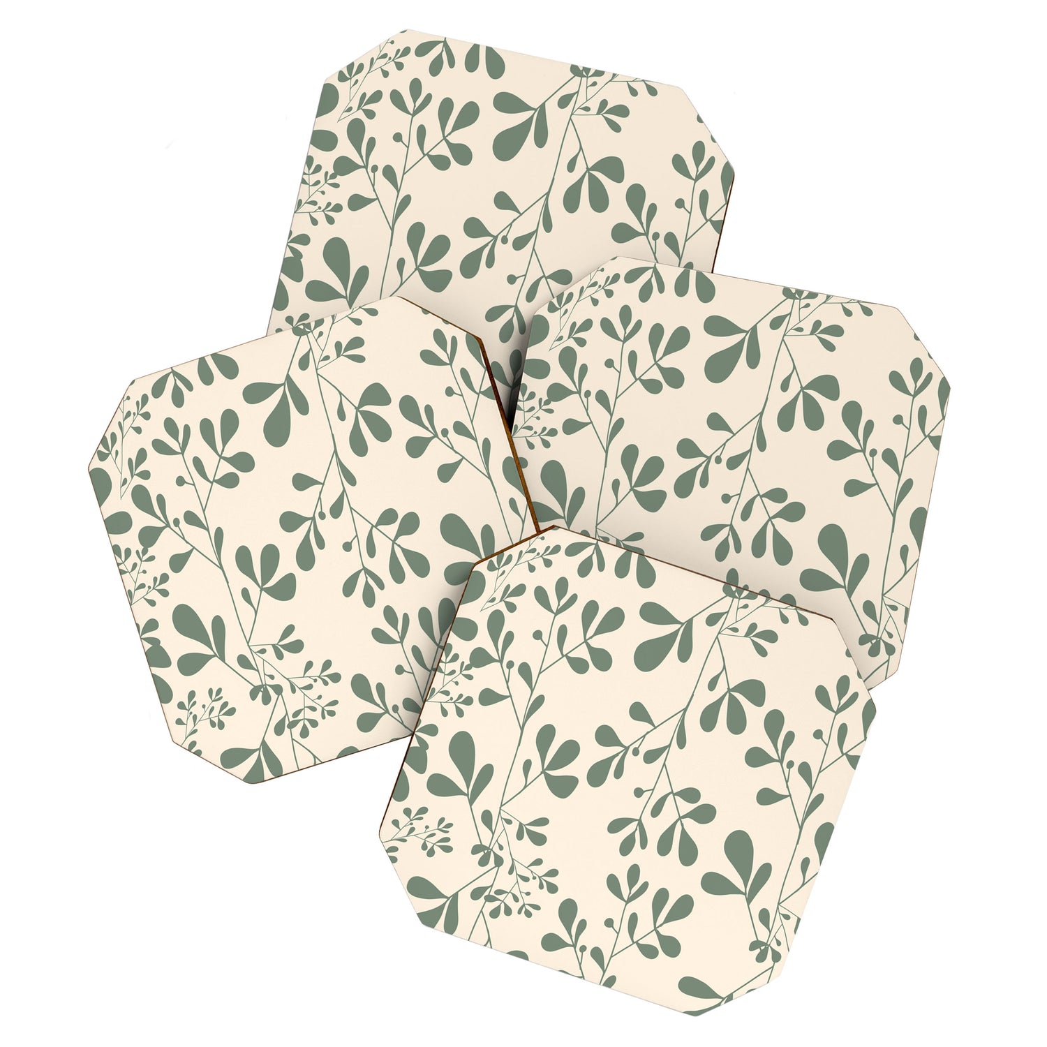 Abstract Leaves Print, Ivory and Green Coaster Gallery Image 1