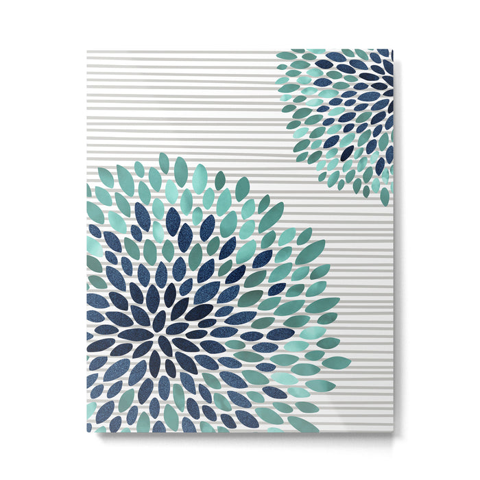 Blooms and Stripes, Aqua and Navy Metal Print Gallery Image 1