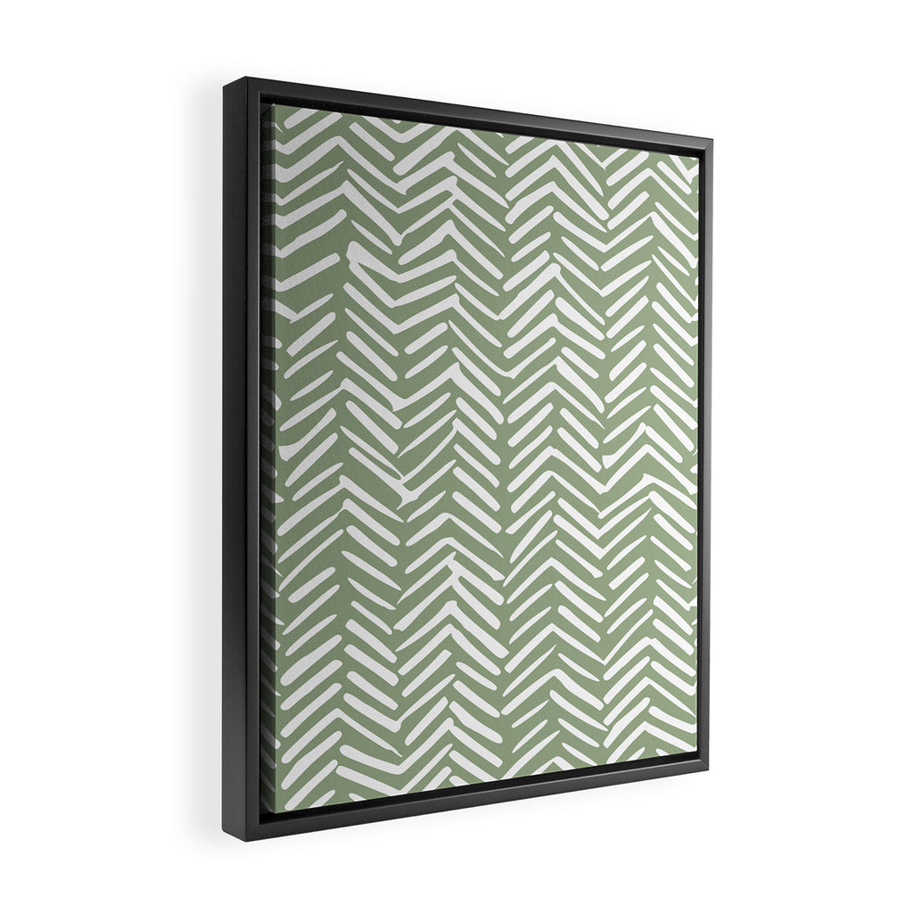 Boho, Abstract, Herringbone Pattern, Sage Green and White Framed Canvas Print Gallery Image 2