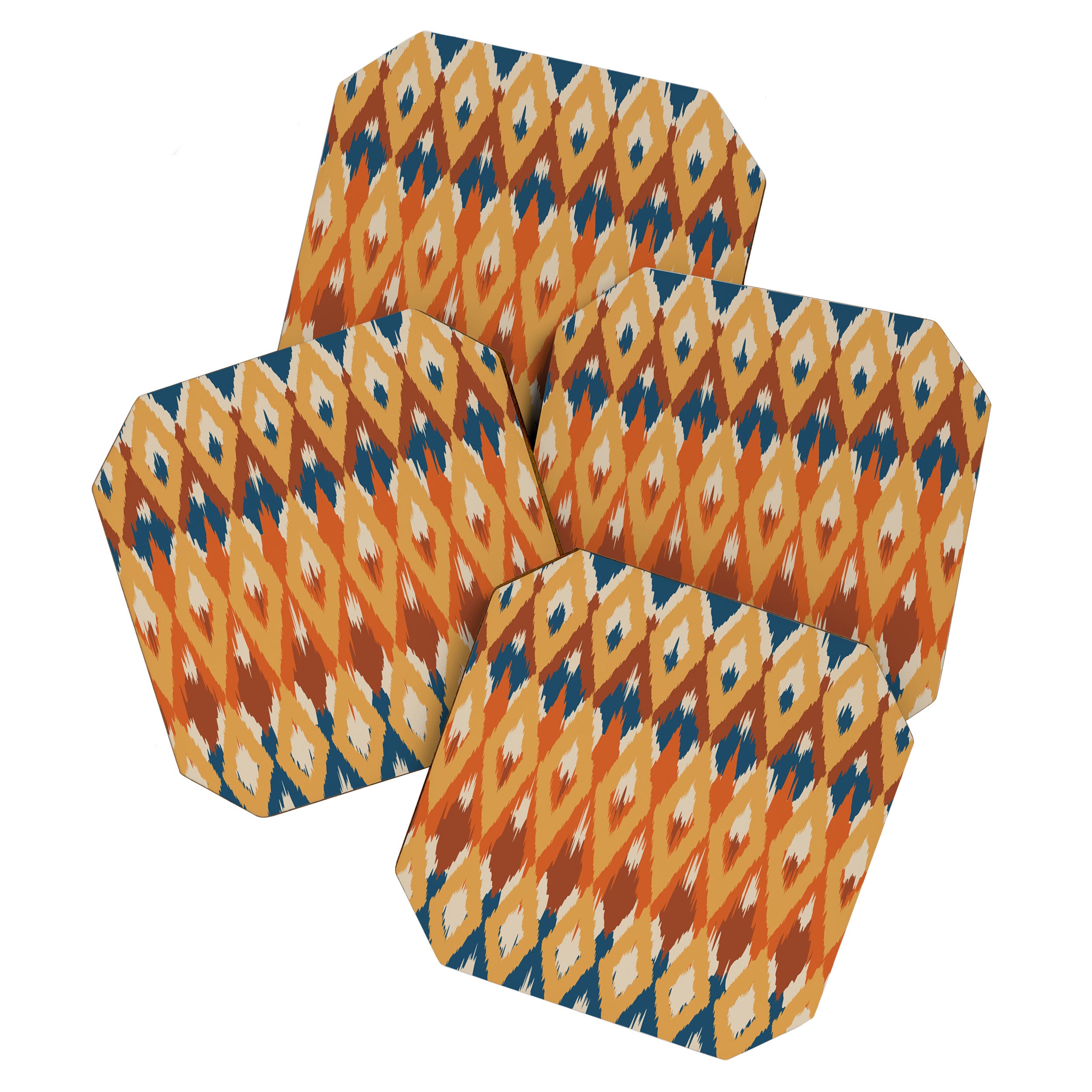 Boho Art, Geometric, Ikat Pattern, Blue, Orange, Yellow Coaster Gallery Image 1