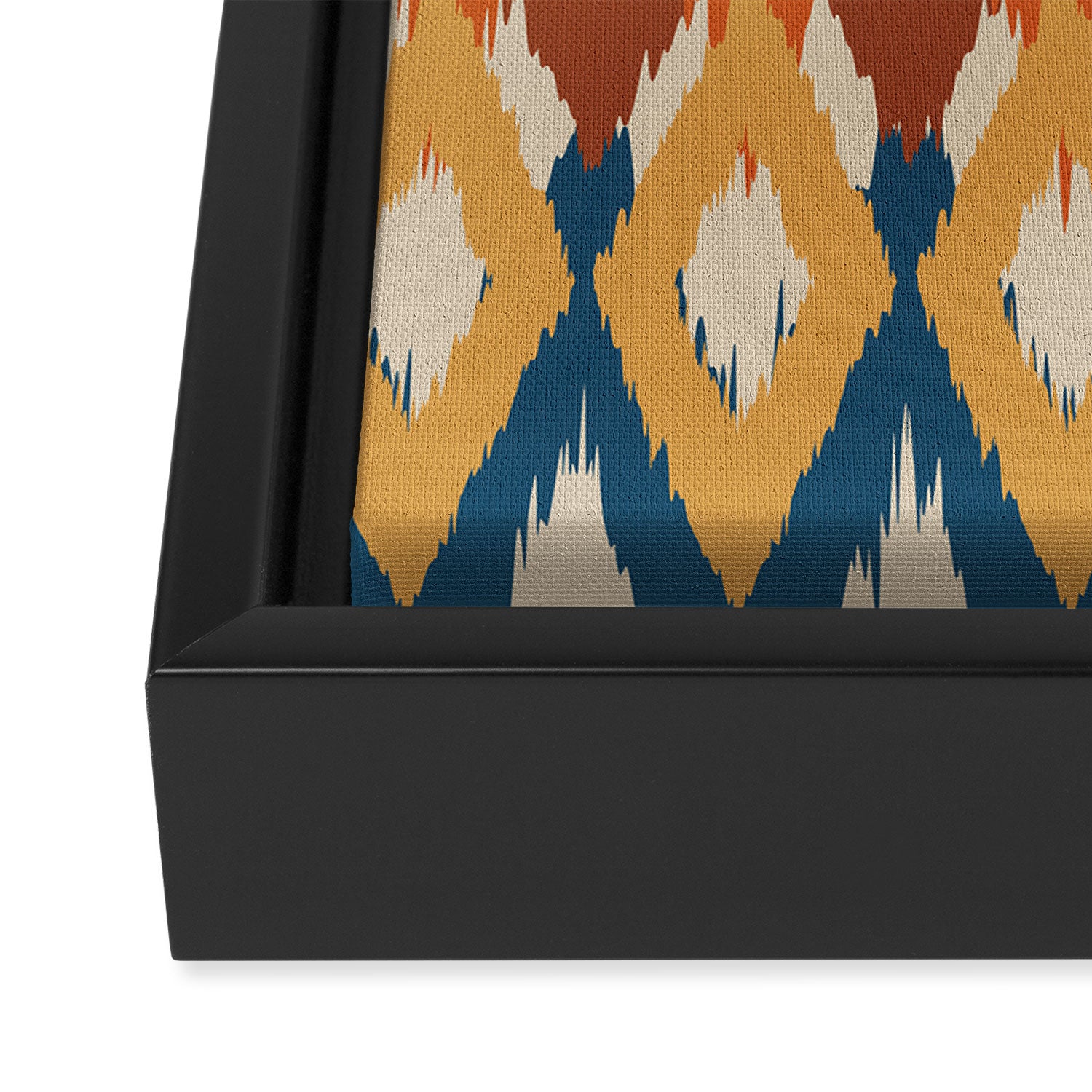 Boho Art, Geometric, Ikat Pattern, Blue, Orange, Yellow Framed Canvas Print Gallery Image 3
