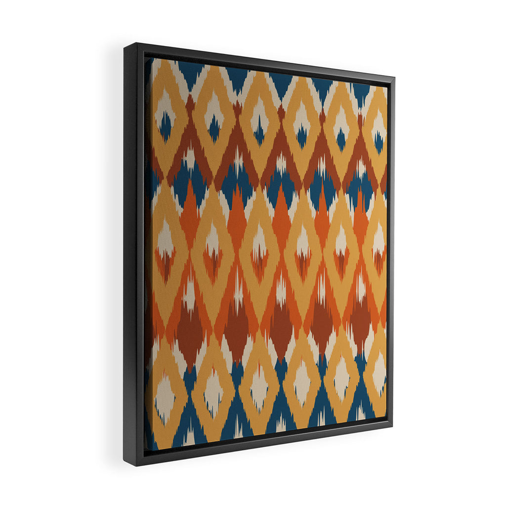 Boho Art, Geometric, Ikat Pattern, Blue, Orange, Yellow Framed Canvas Print Gallery Image 2