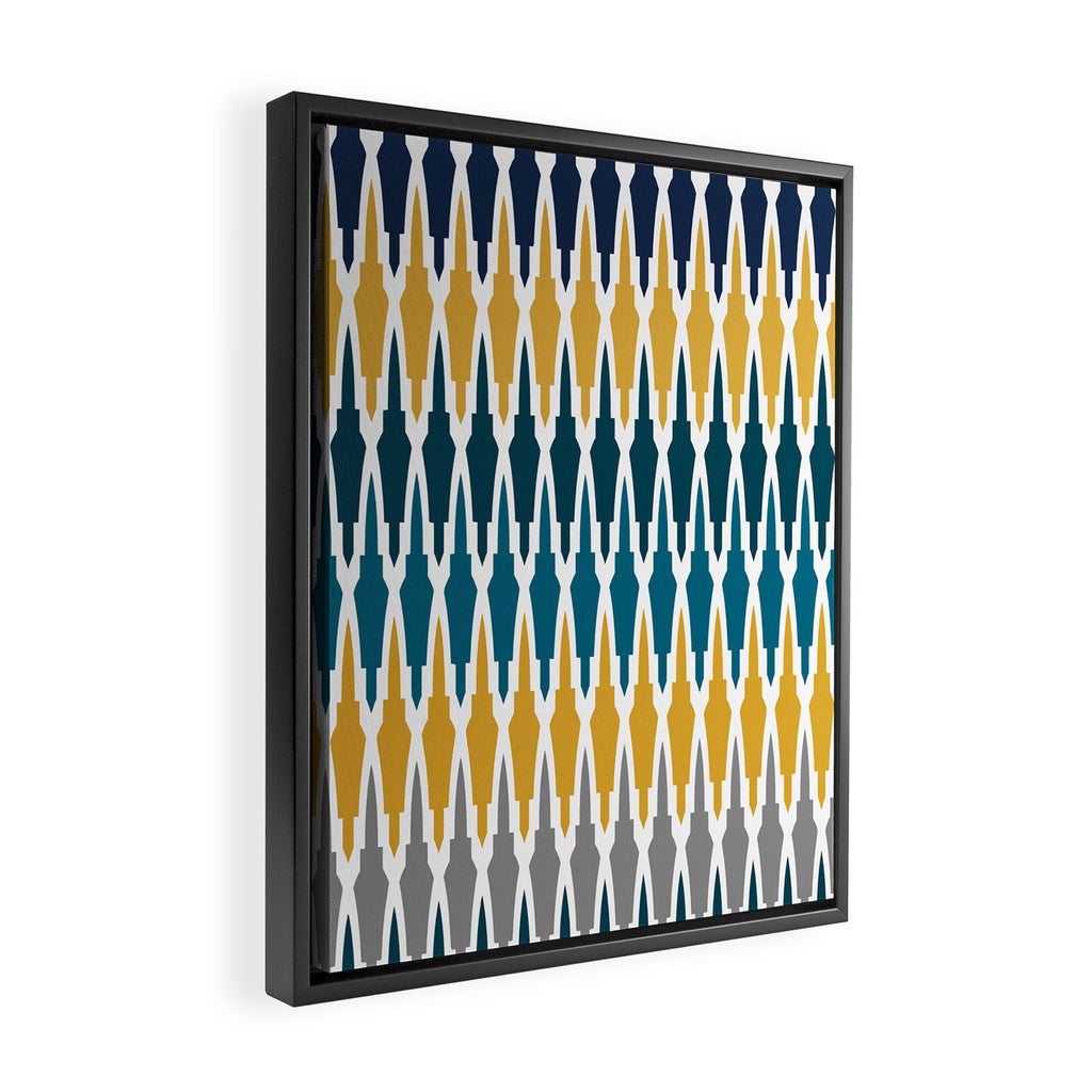 Boho, Geometric Pattern, Blue, Teal, Yellow and Gray Framed Canvas Print Gallery Image 2