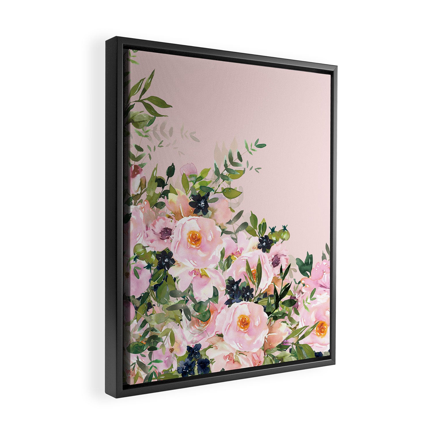 Boho, Vintage, Floral Watercolor, Pink Roses Framed Canvas Print Gallery Image 2