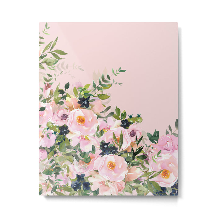 Boho, Vintage, Floral Watercolor, Pink Roses Metal Print Gallery Image 1