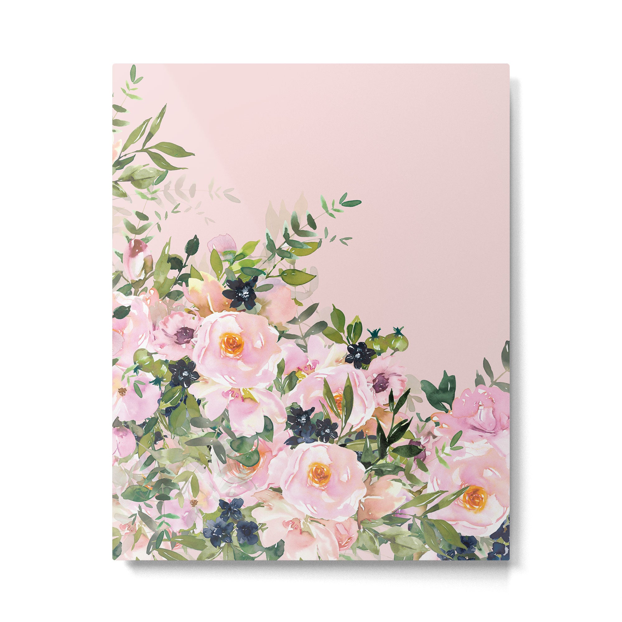 Boho, Vintage, Floral Watercolor, Pink Roses Metal Print Gallery Image 6