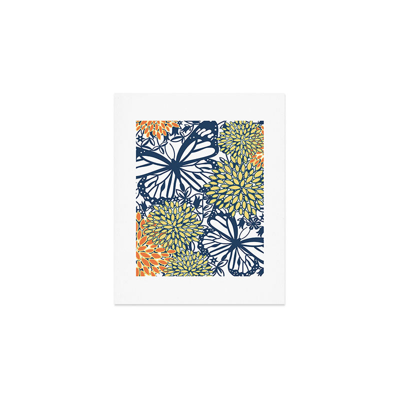 Butterfly and Floral Prints, Navy Blue, Orange, Yellow Art Print Gallery Image 1