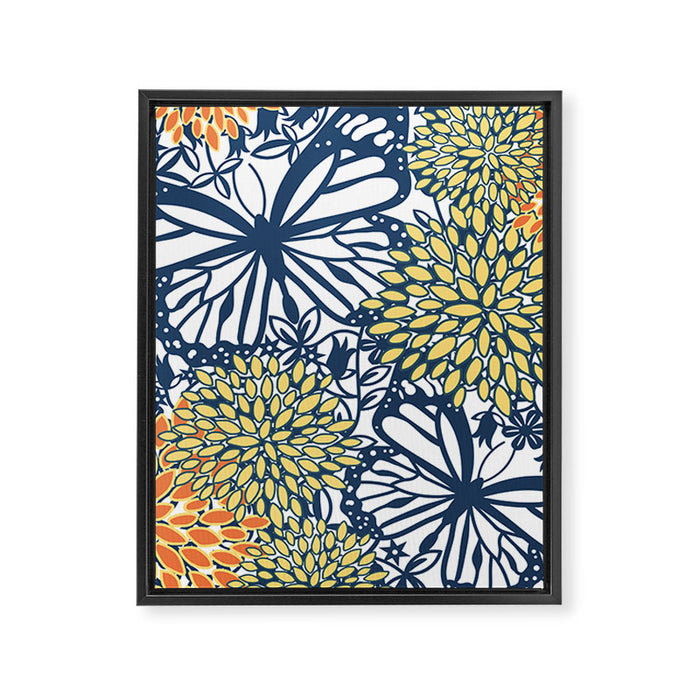 Butterfly and Floral Prints, Navy Blue, Orange, Yellow Framed Canvas Print Gallery Image 1