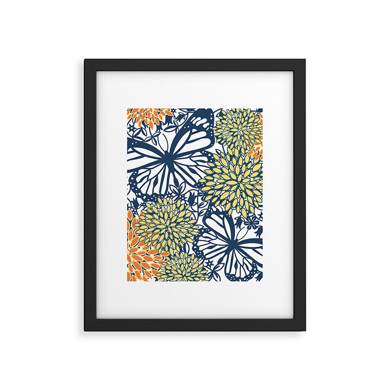 Butterfly and Floral Prints, Navy Blue, Orange, Yellow Framed Art Print Gallery Image 4