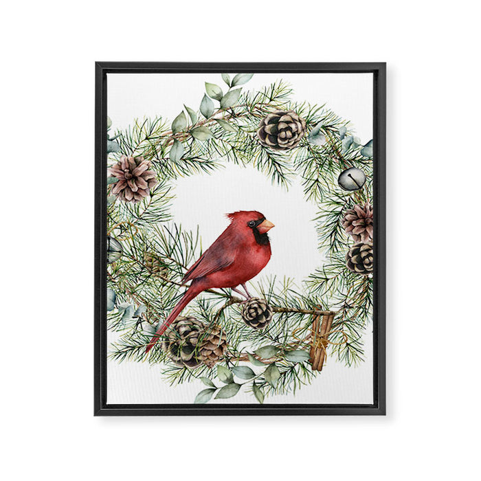 Cardinal Christmas Wreath, Floral Prints Framed Canvas Print Gallery Image 1