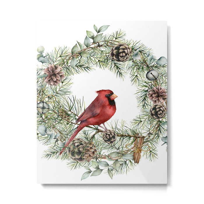 Cardinal Christmas Wreath, Floral Prints Metal Print Gallery Image 1