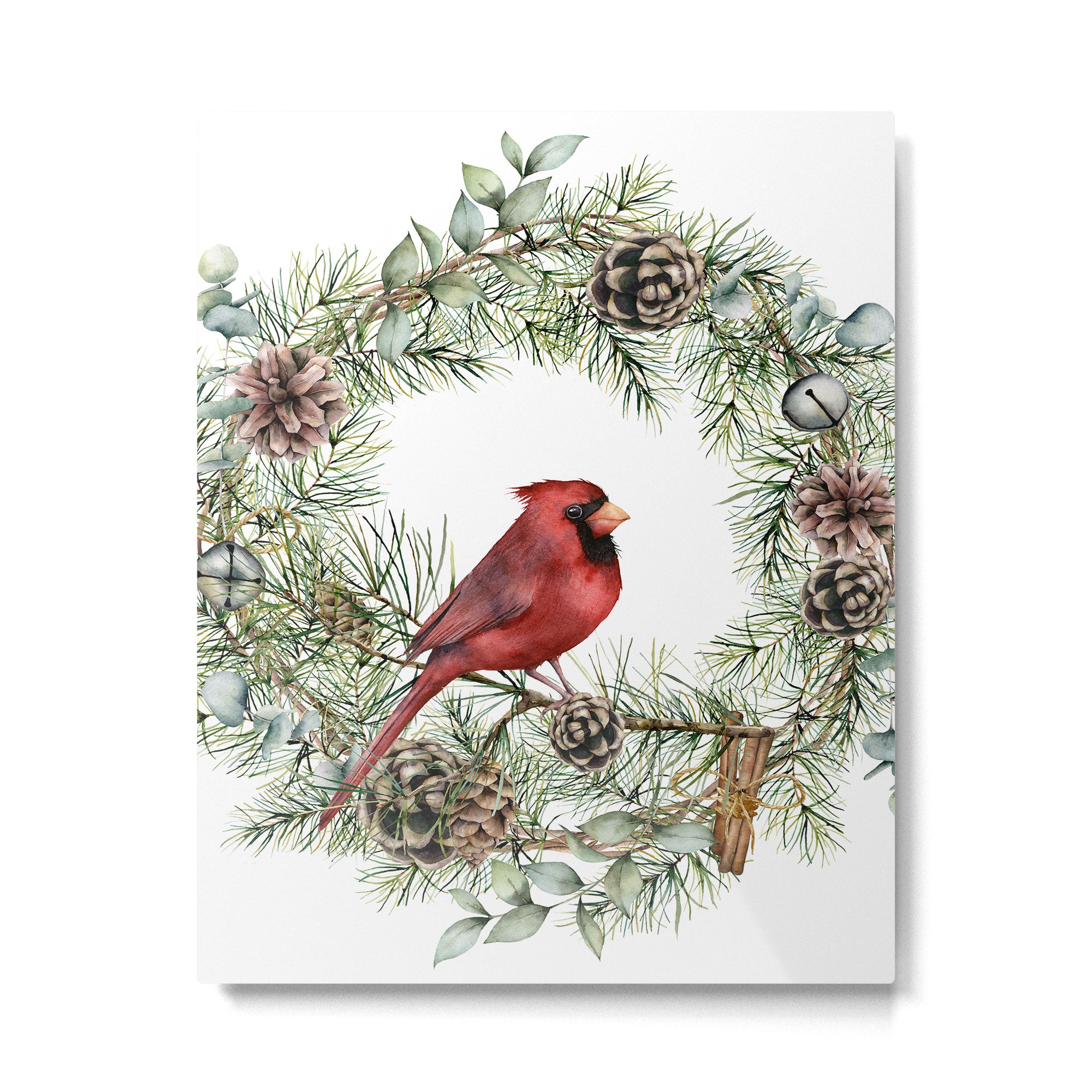 Cardinal Christmas Wreath, Floral Prints Metal Print Gallery Image 6