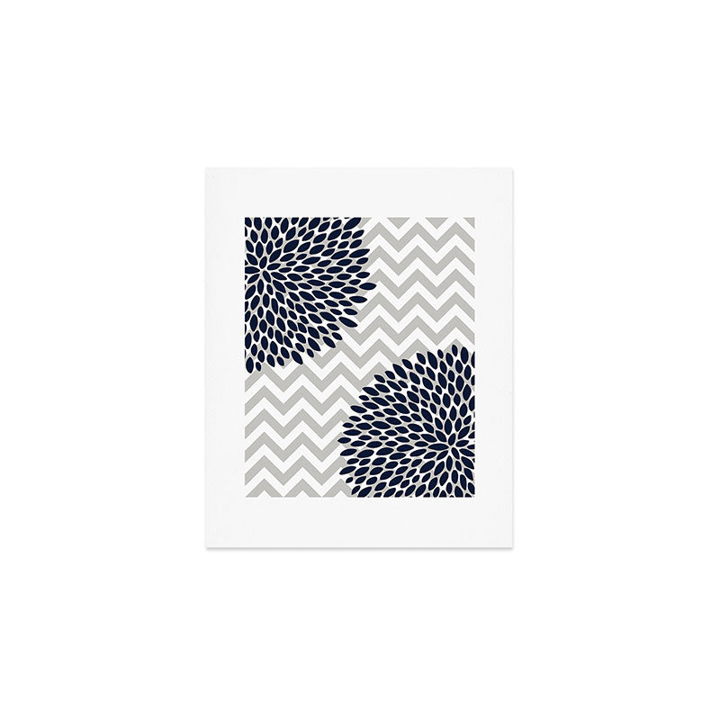 Chevron Floral Modern Navy and Grey Art Print Gallery Image 1
