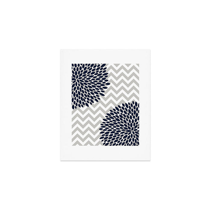 Chevron Floral Modern Navy and Grey Art Print Gallery Image 1