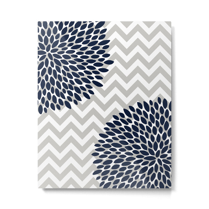 Chevron Floral Modern Navy and Grey Metal Print Gallery Image 1