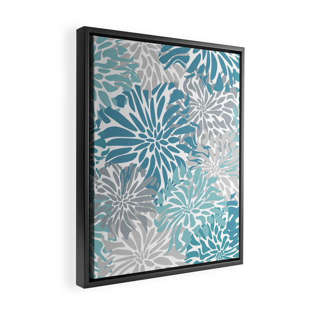 Chic, Flowers Print, Grey, Teal, Turquoise Framed Canvas Print Gallery Image 2