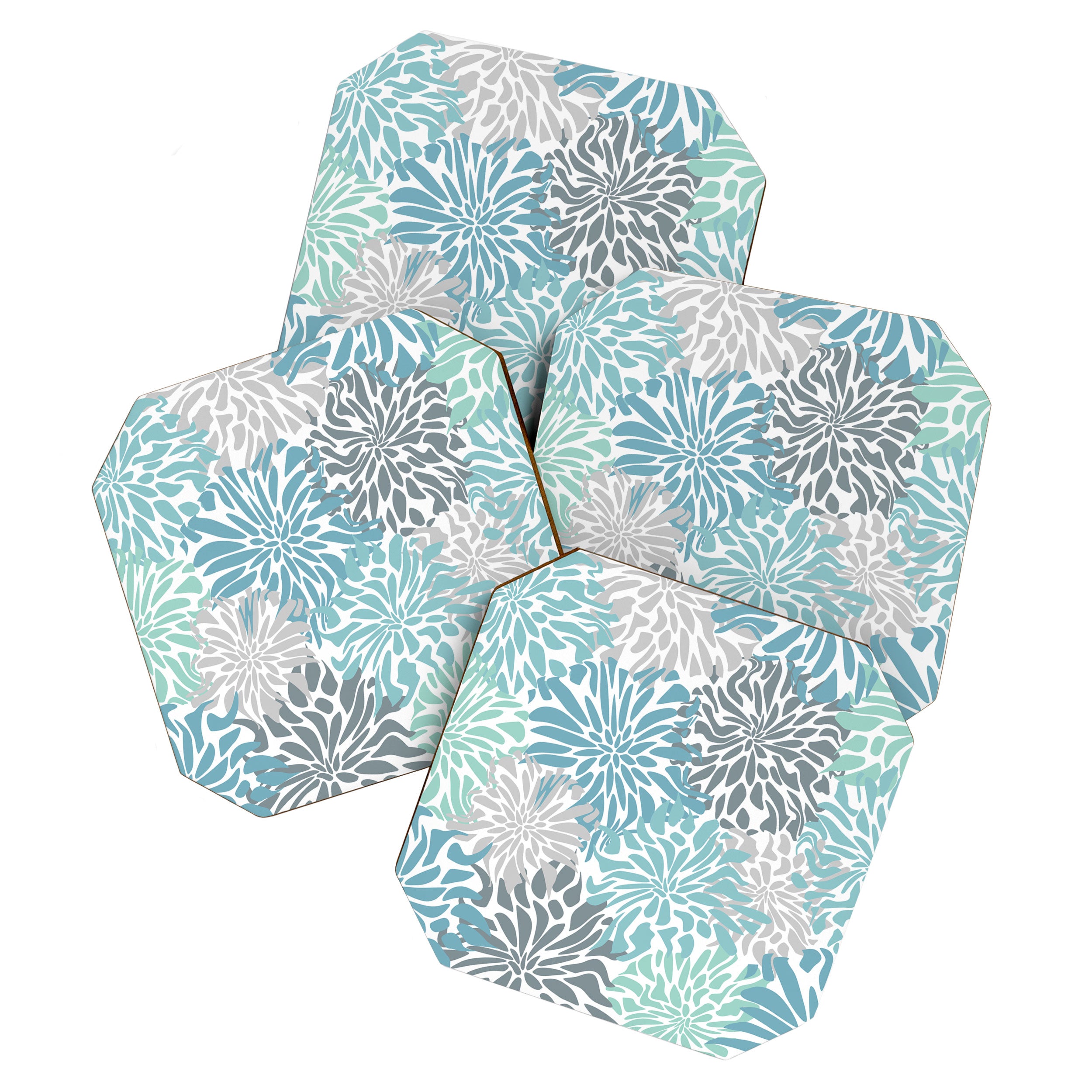 Chic, Flowers Print, Teal, Aqua, Gray Coaster Gallery Image 1
