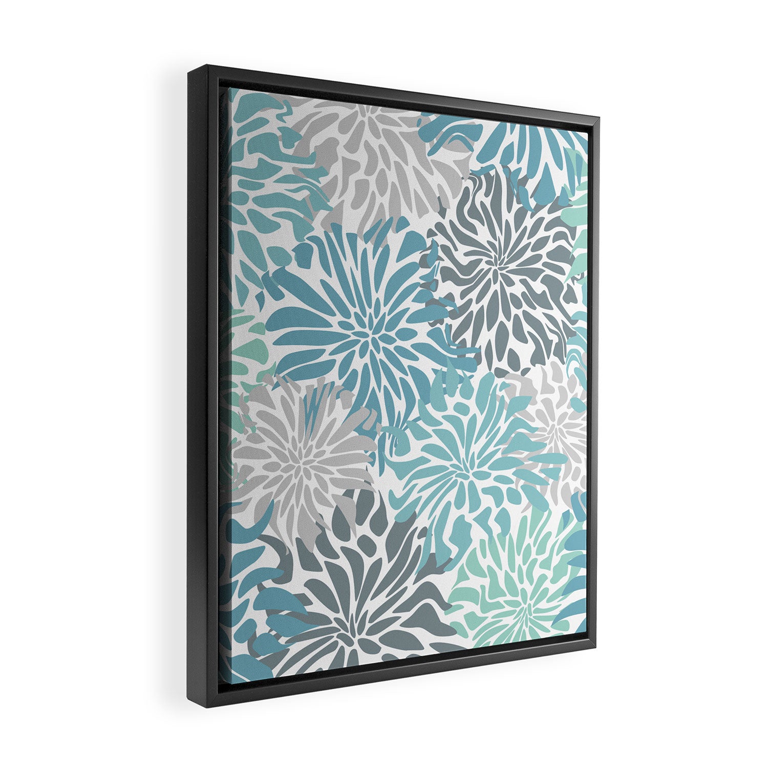 Chic, Flowers Print, Teal, Aqua, Gray Framed Canvas Print Gallery Image 2