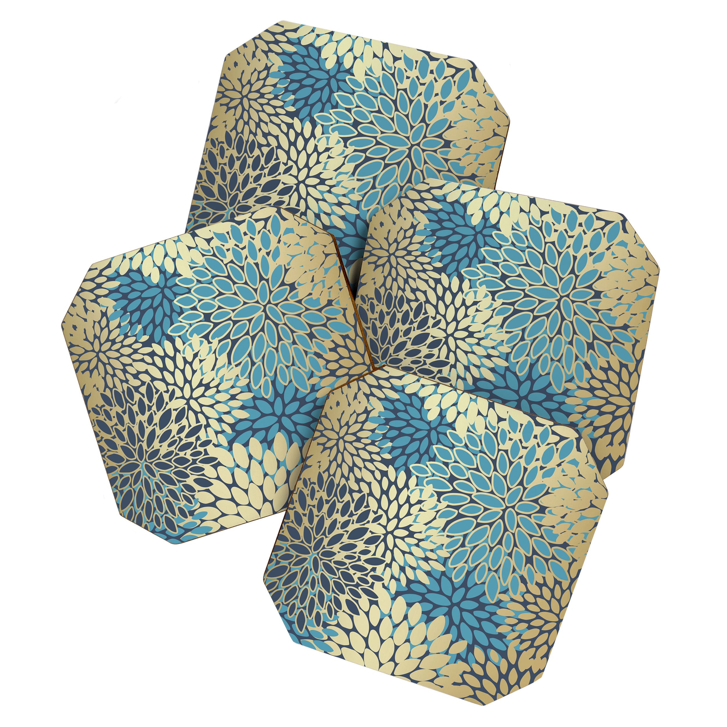 Christmas, Flower Garden, Gold and Blue, Floral Prints Coaster Gallery Image 1