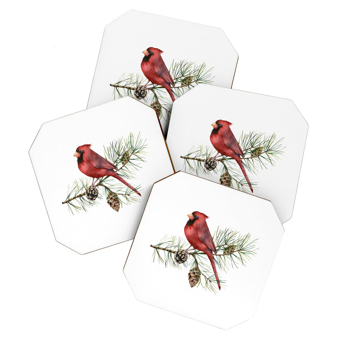 Christmas Red Cardinal Bird and Pine Watercolor Coaster Gallery Image 1