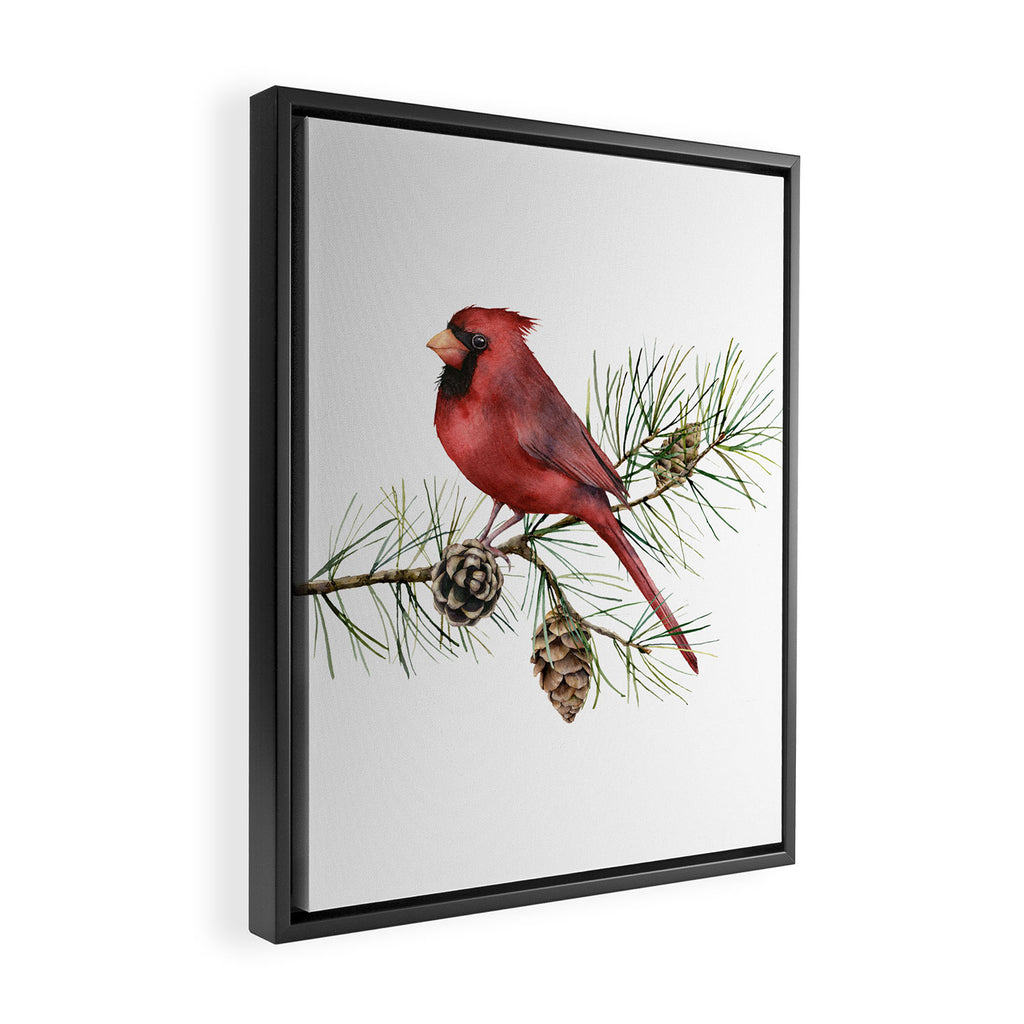 Christmas Red Cardinal Bird and Pine Watercolor Framed Canvas Print Gallery Image 2