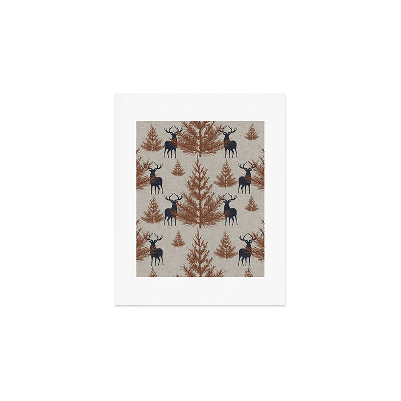 Christmas Trees and Deer, Faux Linen, Pattern, Beige, Brown and Blue Art Print Gallery Image 1