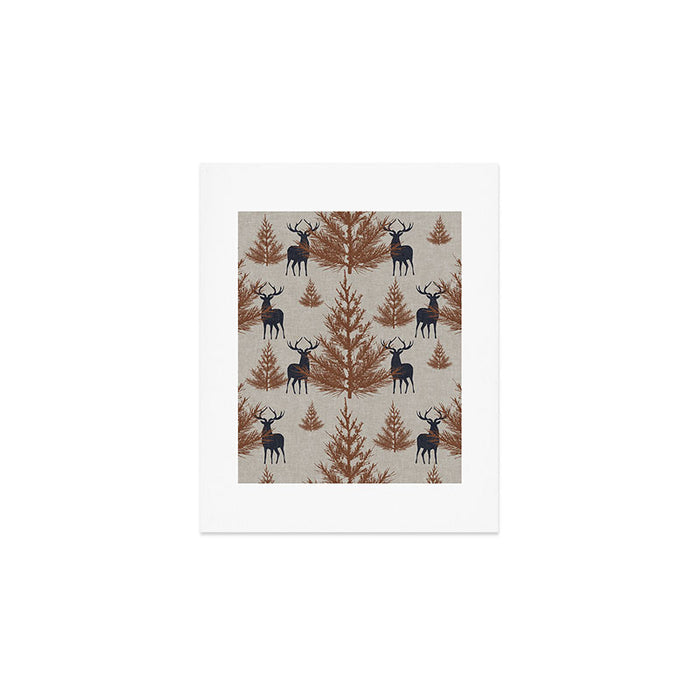 Christmas Trees and Deer, Faux Linen, Pattern, Beige, Brown and Blue Art Print Gallery Image 1
