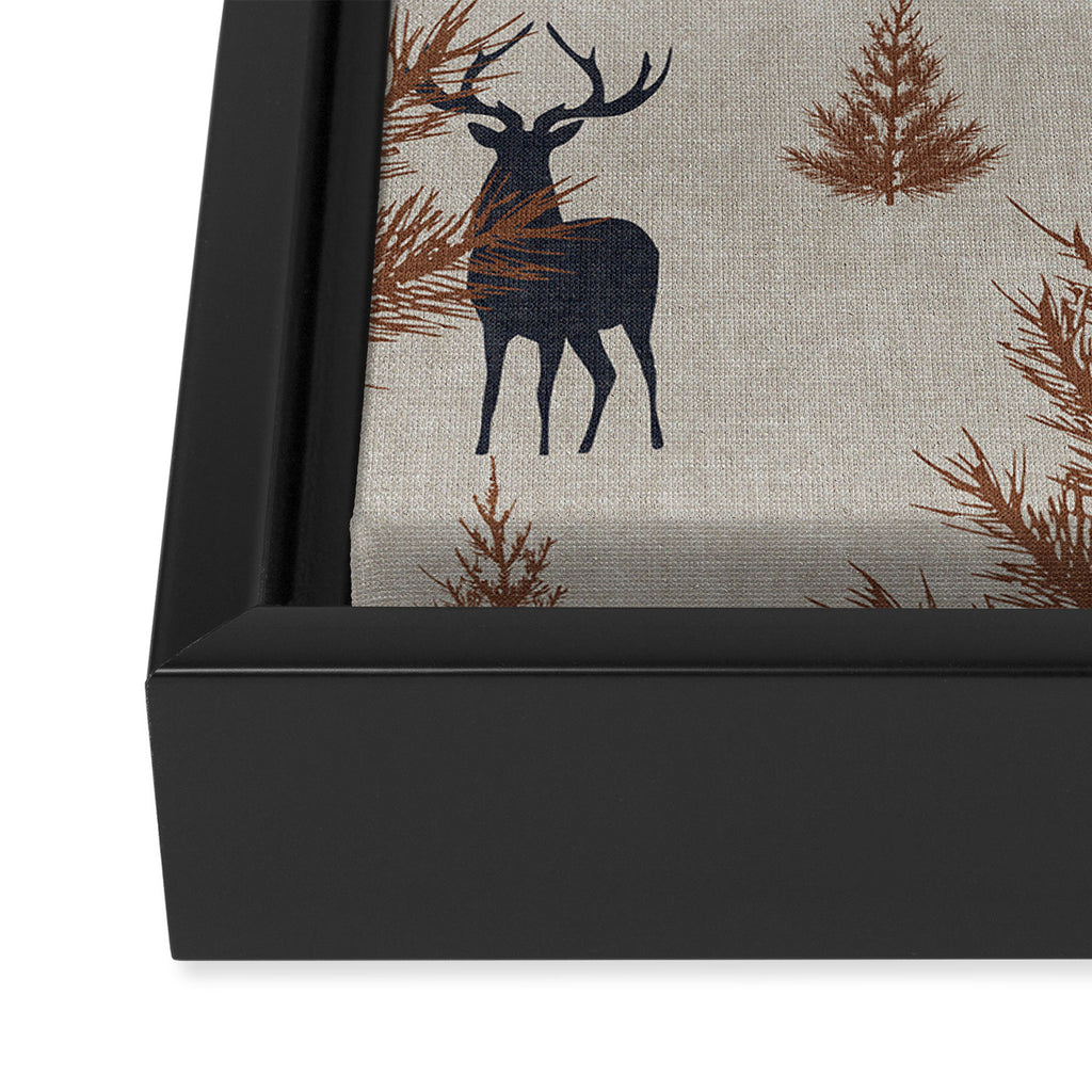 Christmas Trees and Deer, Faux Linen, Pattern, Beige, Brown and Blue Framed Canvas Print Gallery Image 3