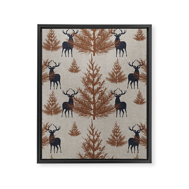 Christmas Trees and Deer, Faux Linen, Pattern, Beige, Brown and Blue Framed Canvas Print Gallery Image 8