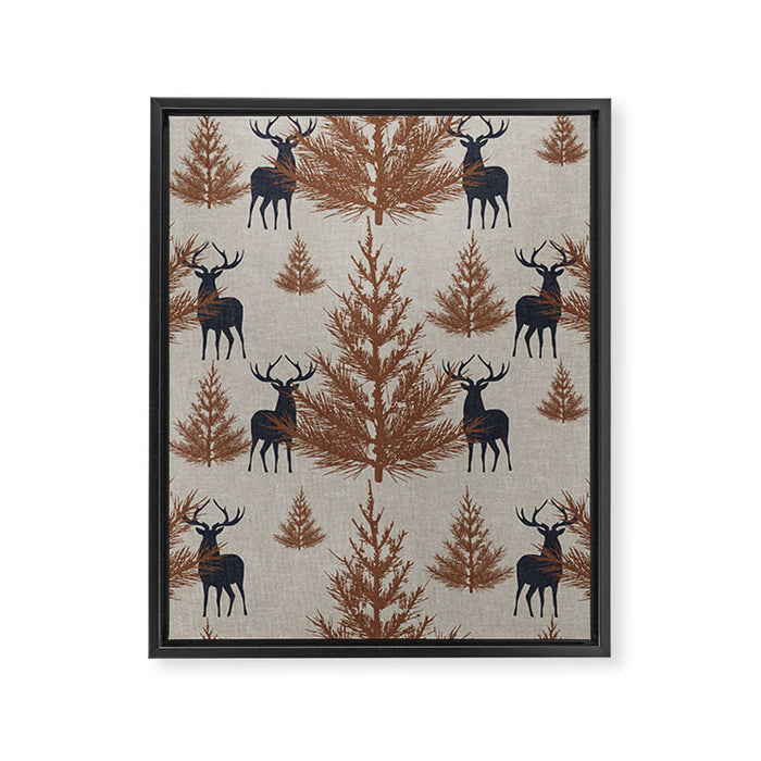 Christmas Trees and Deer, Faux Linen, Pattern, Beige, Brown and Blue Framed Canvas Print Gallery Image 1