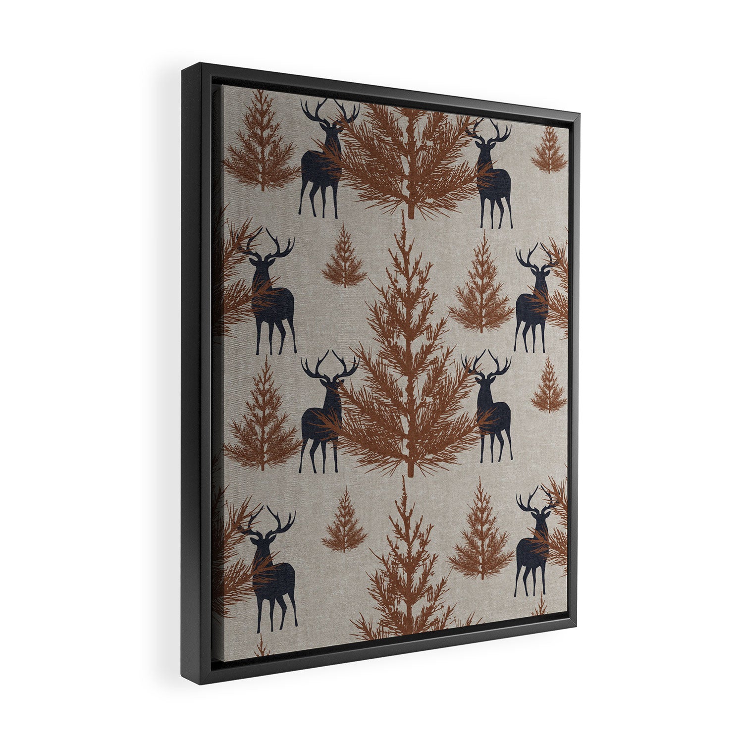 Christmas Trees and Deer, Faux Linen, Pattern, Beige, Brown and Blue Framed Canvas Print Gallery Image 2