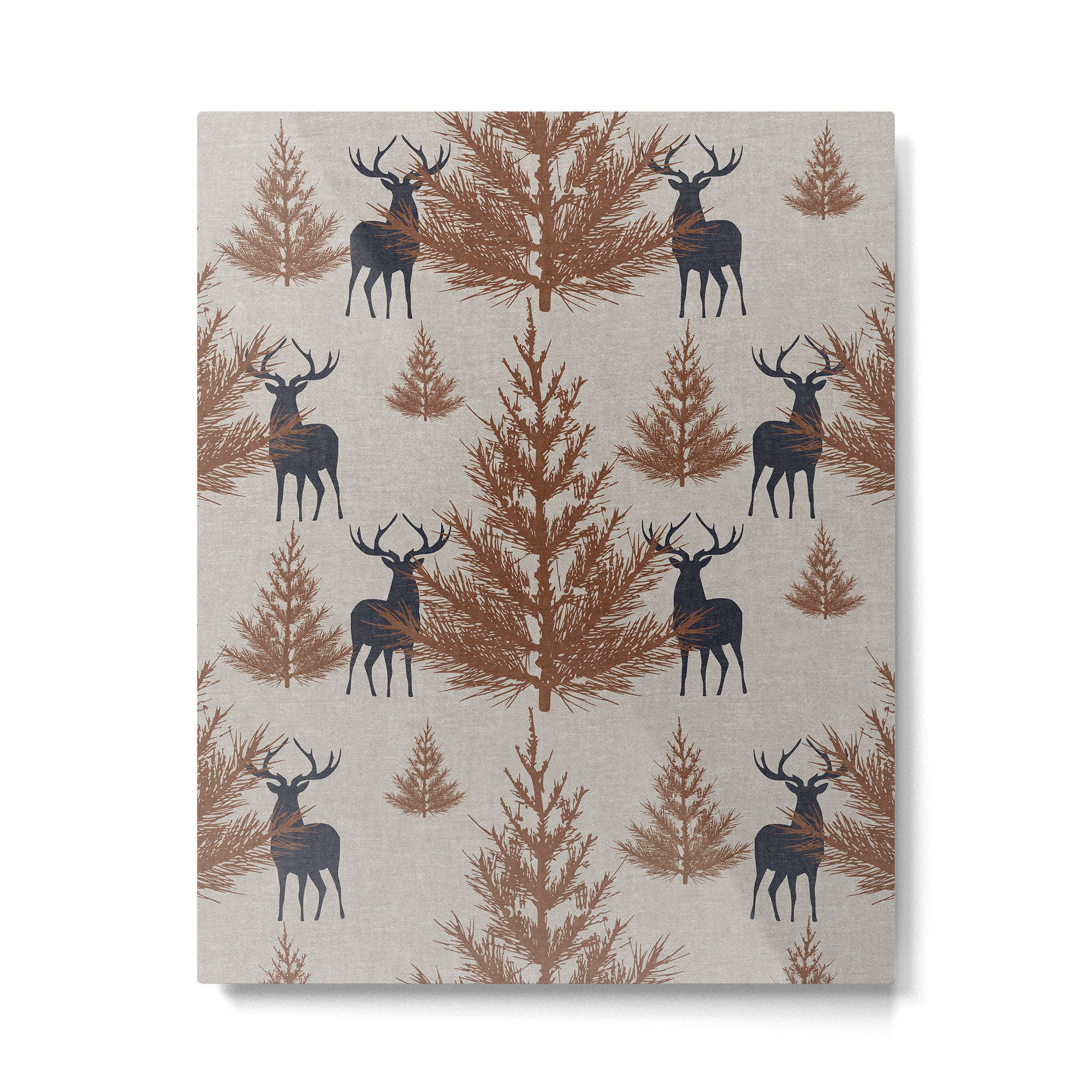 Christmas Trees and Deer, Faux Linen, Pattern, Beige, Brown and Blue Metal Print Gallery Image 6