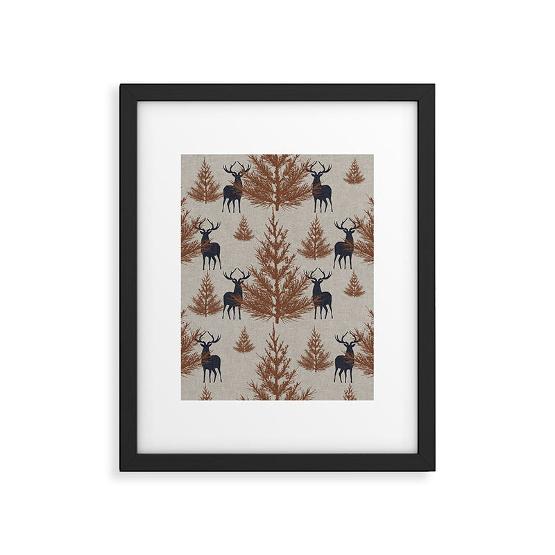 Christmas Trees and Deer, Faux Linen, Pattern, Beige, Brown and Blue Framed Art Print Gallery Image 6