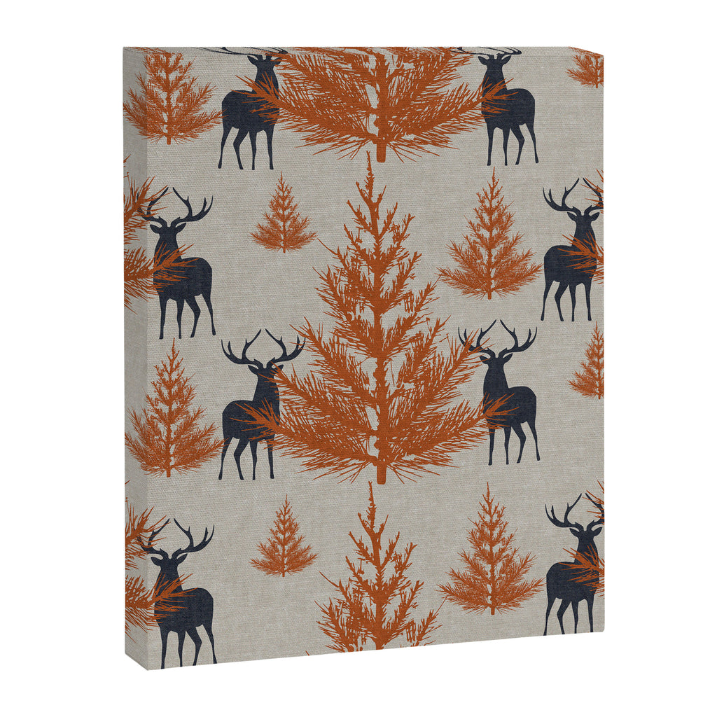 Christmas Trees and Deer, Faux Linen, Pattern, Beige, Terracotta and Blue Canvas Print Gallery Image 8