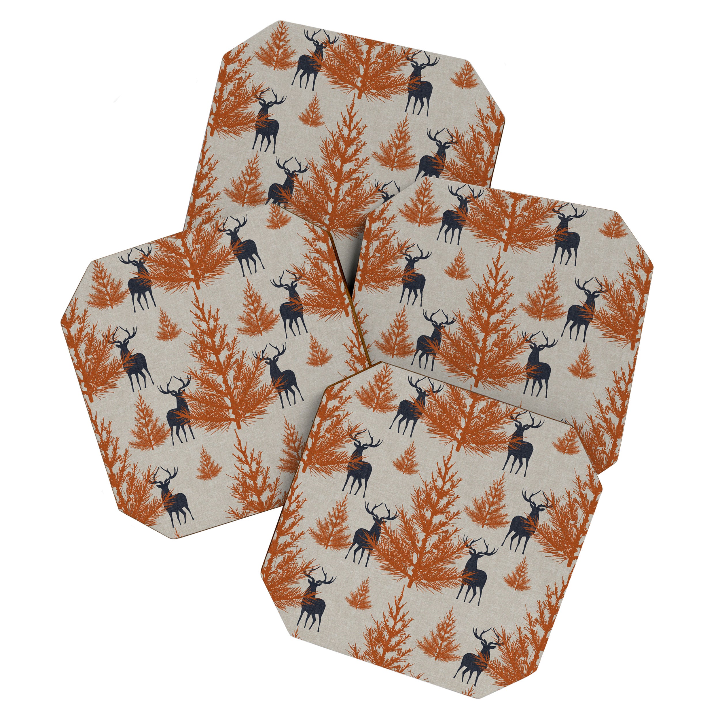 Christmas Trees and Deer, Faux Linen, Pattern, Beige, Terracotta and Blue Coaster Gallery Image 1