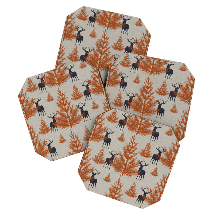 Christmas Trees and Deer, Faux Linen, Pattern, Beige, Terracotta and Blue Coaster Gallery Image 1