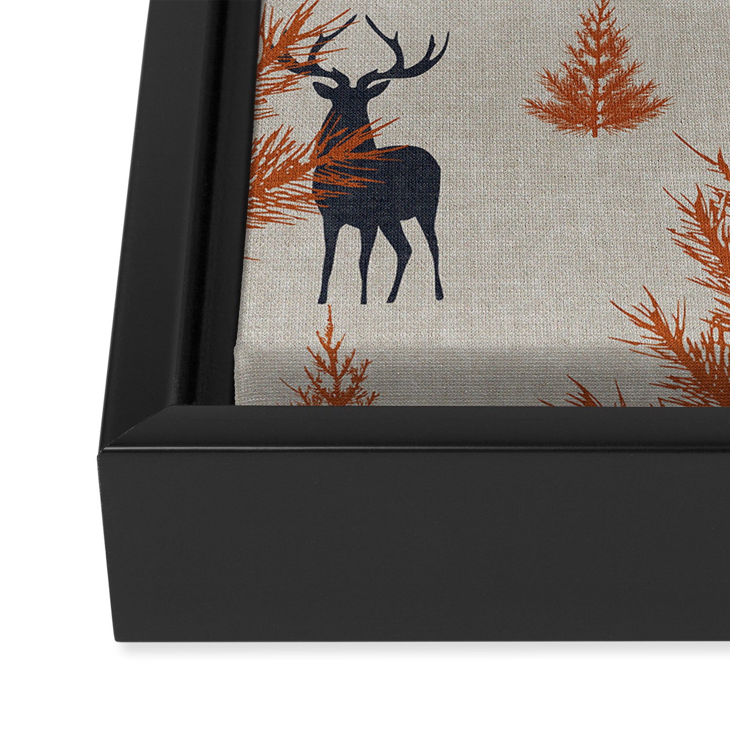 Christmas Trees and Deer, Faux Linen, Pattern, Beige, Terracotta and Blue Framed Canvas Print Gallery Image 3