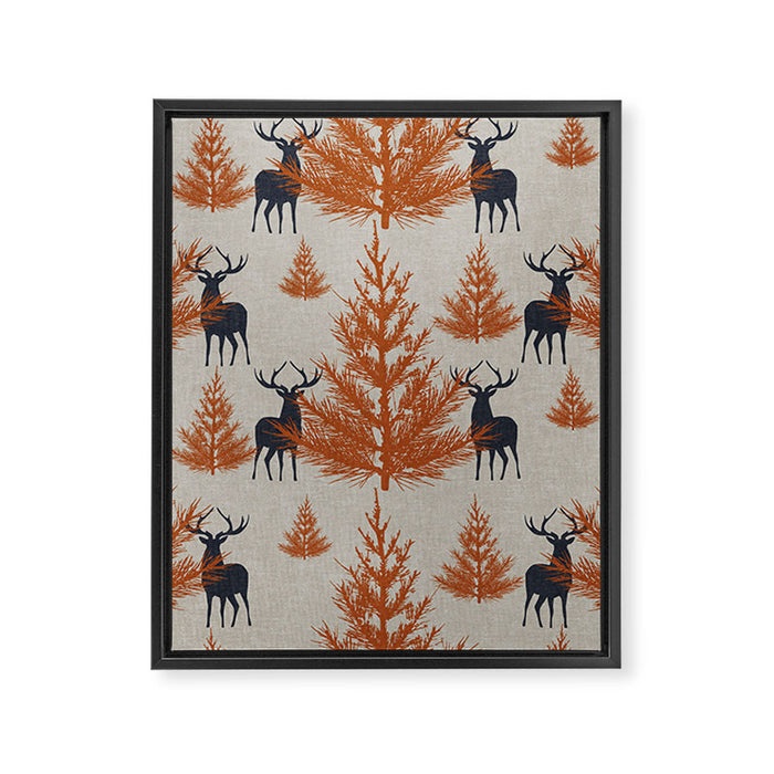 Christmas Trees and Deer, Faux Linen, Pattern, Beige, Terracotta and Blue Framed Canvas Print Gallery Image 1