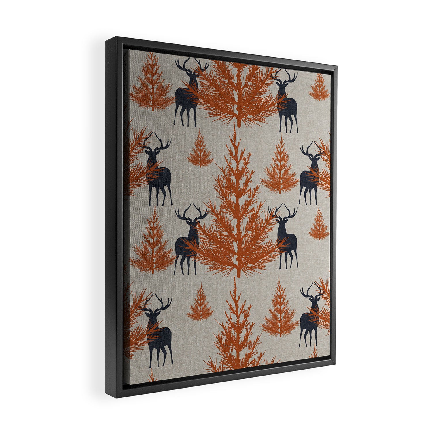 Christmas Trees and Deer, Faux Linen, Pattern, Beige, Terracotta and Blue Framed Canvas Print Gallery Image 2